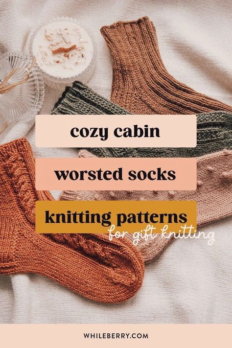 Get the simple cozy sock knitting patterns and enjoy some fall knitting! These warm worsted socks will be a great knitting project for autumn. Use circular needles and magic loop technique and worsted weight yarn to hand knit your socks. Find these easy sock knitting patterns at whileberry.com! Cabin Socks Knitting Pattern, Worsted Weight Knit Socks Pattern, Knit Worsted Weight Socks, Knitting Circular Needles, Knitting Socks On Circular Needles, Dk Socks Knitting Pattern Free, Fall Knitting Patterns Free, Free Sock Patterns Knit, Free Knit Sock Patterns