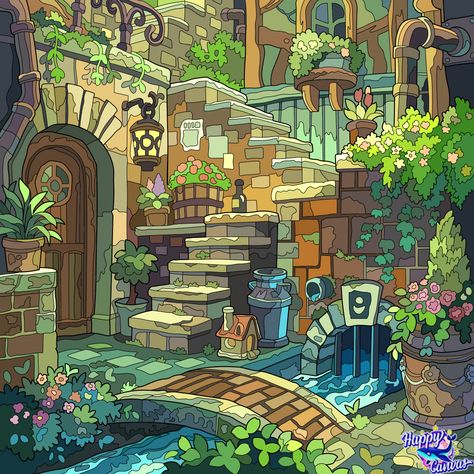 Green Aesthetic Illustration Art, Background Building Drawing, Minecraft Perspective Reference, Minecraft Landscape Art, House In The Woods Illustration, Flower Shop Concept Art, Ghibli House Drawing, Plant Room Drawing, Minecraft House Reference