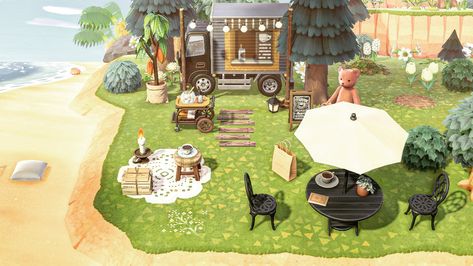 design on the truck is from MA-4768-4586-1946 #animalcrossingnewhorizons animal crossing Acnh Cafe, Cafe Truck, Animal Crossing Wild World, Island Design, Truck Design, Animal Crossing Qr, New Leaf, Autumn Theme, Animal Crossing