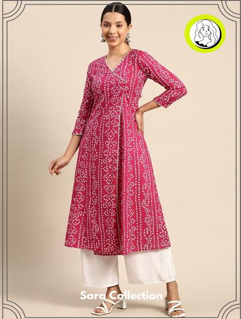 Unique Kurti Neck and Sleeve Combinations Badhani Kurtis Design Cotton, Bandhani Print Kurti, Everyday Kurti Outfits, Cotton Bandhani Dress Pattern, Kurti Designs Latest Cotton Printed, Bandhani Dress Pattern, A Line Kurti Designs, Angrakha Style Kurti, Indian Dress For Women