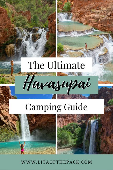 Visit paradise on earth when you backpack and camp at Havasupai Falls in Arizona. Deep down in the Grand Canyon you'll find this magical place filled with gushing waterfalls of turquoise waters. Find out everything you need to know about camping at Havasu Falls including how to get Havasupai camping permits, how to hike to Beaver Falls, and what to pack for your trip! You will have the most memorable trip of your life to one of the most beautiful places in the US. Havasupai Falls Packing List, Havasu Falls Hike, Fall Packing List, Havasupai Falls, Summer Packing Lists, Summer Packing, Havasu Falls, Lake Havasu, Camping Guide