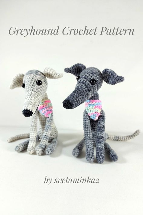 This is the Crochet Dog Pattern to make your own mini Greyhound / Whippet amigurumi dog (downloadable pdf file) in English (US terms), very detailed, very clear instructions and tips with lots of photos for each step. Skill level: upper beginner (the Crochet Pattern doesn't contain lessons on crocheting). Skills required: basic crocheting skills (crocheting in spiral, magic ring, single crochet stitch, increasing and decreasing), basic sewing skills. Whippet Crochet Pattern, Borzoi Crochet, Mini Greyhound, Crochet Greyhound, Whimsical Crochet, Crochet Bloggers, Easy Bag, Dog Patterns, Amigurumi Dog