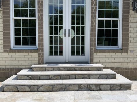 Hardscape Design - Replacing Outdoor Patio Steps for Safety Reasons (Part 4) - Porch Steps With Landing, Porch Steps With Railing, Steps With Railing, Porch Steps Ideas, Patio Extension, Fireplace Patio, Patio Stairs, Front Door Steps, Front Porch Steps