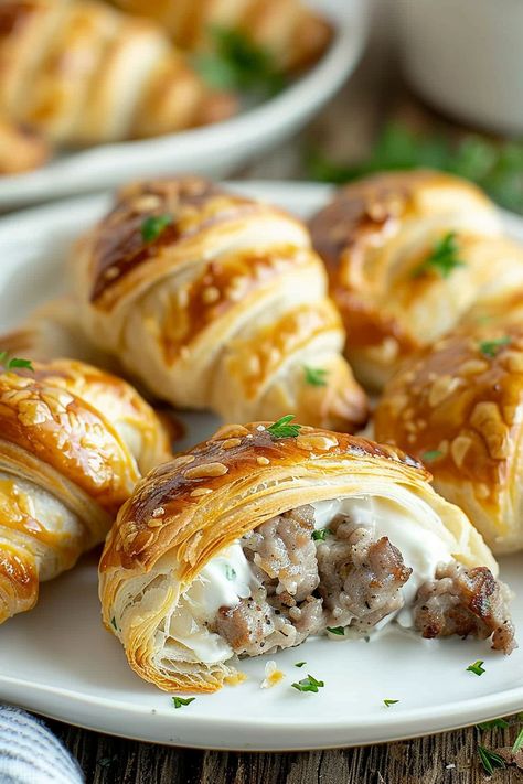 Creamy Sausage-Stuffed Crescent Rolls Sausage And Cheese Croissant, Sausage And Cream Cheese Croissants, Croissant Recipes Stuffed, Stuffed Croissant Recipe, Croissant Recipe Stuffed, Croissants Recipe Stuffed, Stuffed Crossiant Recipes, Gourmet Wraps, Crescent Roll Sausage