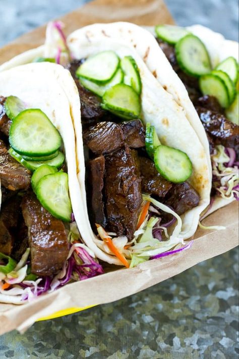 Korean Bbq Tacos, Korean Beef Tacos, Bbq Tacos, Korean Bbq Beef, Marinated Cucumbers, Taco Dinner, Beef Tacos, Steak Tacos, Korean Beef