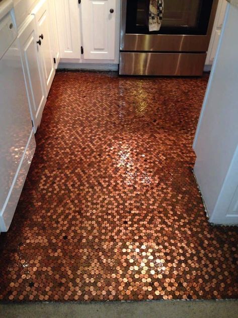 Copper Penny Floor, Penny Floor Designs, Bathroom Exterior, Penny Tiles Bathroom, Exterior Flooring, Penny Tile Floors, Penny Floor, Old Wooden Crates, Cheap Flooring