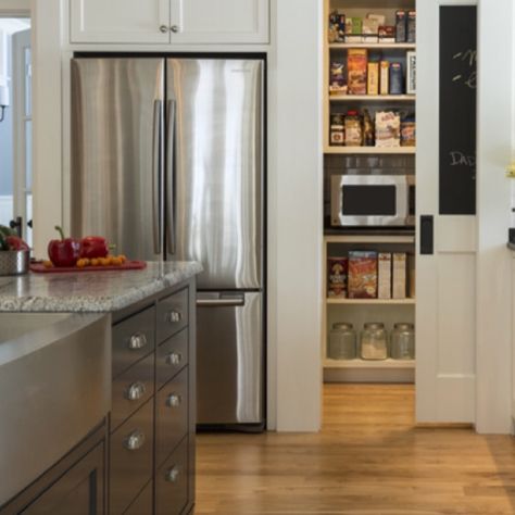 Corner Pantry Pocket Door, Walk In Pantry Pocket Door, Fridge Next To Pantry Door, Kitchen With Pocket Door Pantry, Pocket Door Corner Pantry, Corner Pantry Sliding Door, Kitchen Pocket Door Ideas, Corner Pantry Next To Window, Pocket Door Pantry Cabinet