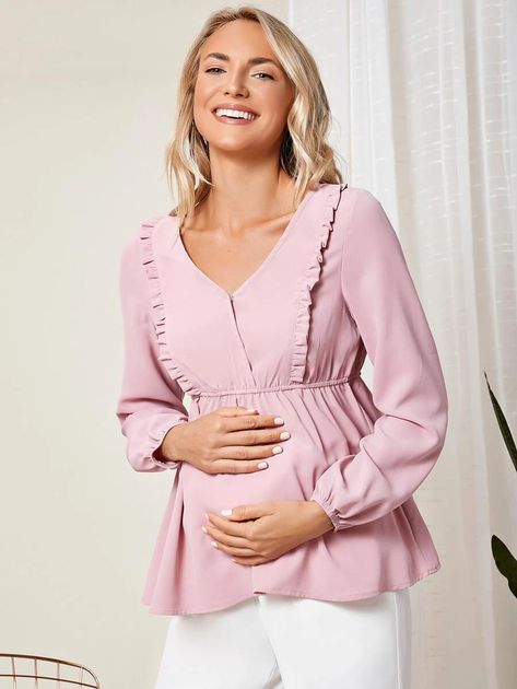 Maternity Frilled Trim Peplum Top | SHEIN USA Sunday Dress Top, Preggy Mom, Maternity Blouses, Maternity Looks, Fall Maternity Outfits, Breastfeeding Fashion, Shein Maternity, Baby Bump Style, Sunday Dress