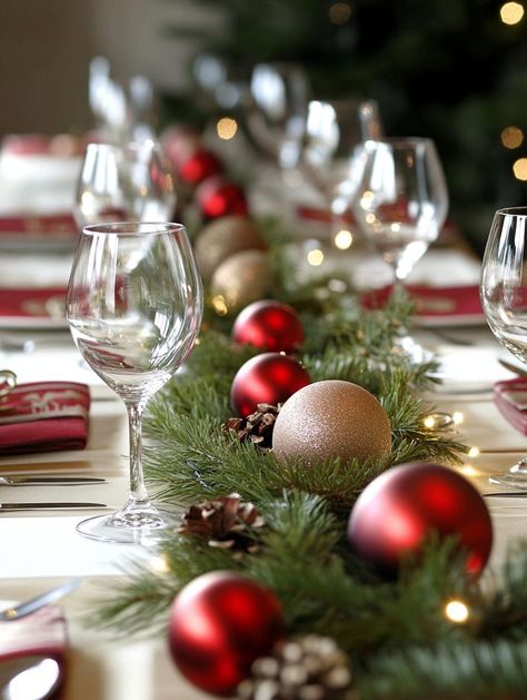 Create a beautiful Christmas table with 30 festive decor ideas. From glamorous gold accents to natural woodland themes, find inspiration for your holiday gathering. Transform your dining space with stunning centerpieces, elegant place settings, and sparkling accents. Delight your guests with thoughtful details and seasonal touches. Make your Christmas dinner a truly magical experience. Christmas Banquet Table Decor, Cheap Christmas Table Centerpieces, Red And Gold Christmas Table Setting, Dining Table Christmas Centerpiece, Christmas Dinner Themes, Elegant Christmas Table Decor, Personalized Place Settings, Christmas Table Set Up, Candlelit Centerpieces