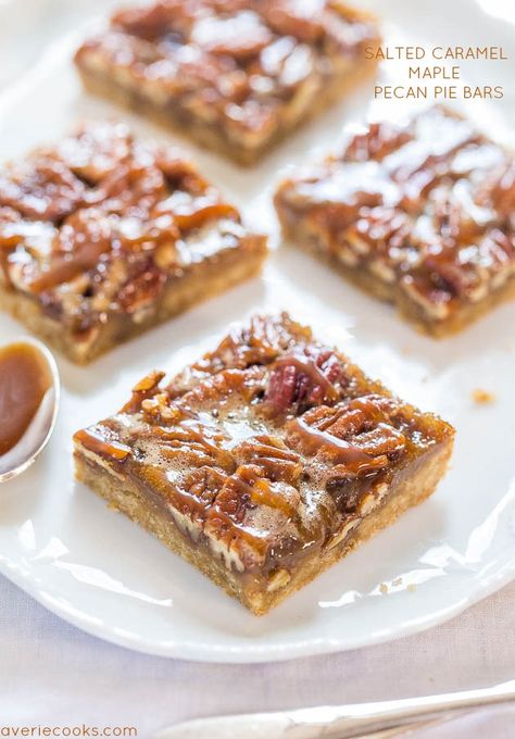 Maple Pecan Pie Bars (+ Salted Caramel Sauce!) - Averie Cooks Salted Maple Pecan Pie Bars, Salted Caramel Pecan Pie, Stephanie Simmons, Pecan Bars Recipe, Chocolate Pecan Pie Bars, Maple Pecan Pie, Caramel Pecan Pie, Averie Cooks, Pecan Bars