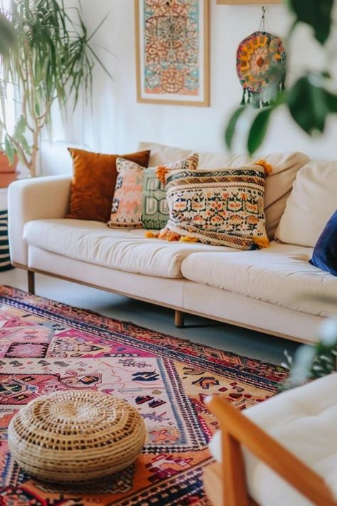 Boho Living Room Inspo: Chic &amp; Eclectic Decor Ideas House Inspo Interior Design Boho Chic, Cream Sofa Boho Living Room, Boho Colorful Decor, Eclectic Home Office Ideas, Chic Eclectic Decor, Medspa Decor, Minimal Boho Decor, Minimal Boho Living Room, Spain Living