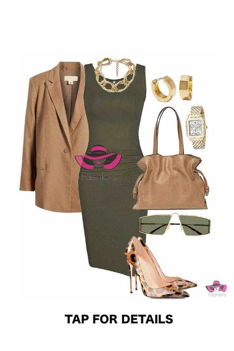 Casual Bodycon Dress Outfit, Outfits With Pumps, Olive Green Dress Outfit, Olive Green Bodycon Dress, Green Dress Outfit, Pumps Outfit, Camel Blazer, Body Con Dress Outfit, Green Bodycon Dress