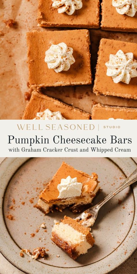 Rich and Creamy Pumpkin Cheesecake Bars Witchy Tea, Ny Cheesecake, Plain Cheesecake, Fall Meal, Pumpkin Cheesecake Bars, Ny Style, Cracker Crust, Cocktail Desserts, Homemade Whipped Cream