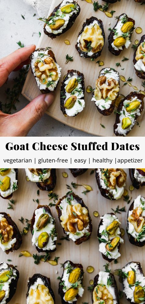 Date Canapes, Fancy Vegetarian Appetizers, Goat Cheese Canape, Healthy Goat Cheese Recipes, Stuffed Dates Recipes Appetizers, Amouse Boush, Date Appetizers, Stuffed Dates Recipes, Goat Cheese Stuffed Dates