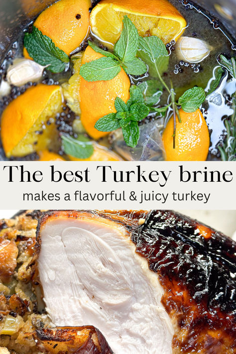 This brine recipe is made with fresh herbs, orange slices, lime, garlic, and apple juice. It is an amazing way to infuse flavor into the the meat of the turkey Thanksgiving Turkey Brine, Turkey Brine Recipe, Turkey Brine Recipes, Fresh Turkey, Turkey Brine, Brine Recipe, Baked Turkey, Apple Juice, Orange Slices