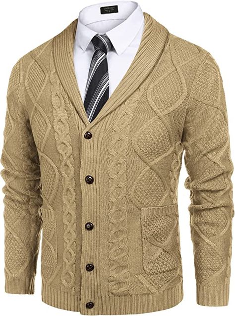 COOFANDY Men's Shawl Collar Cardigan Sweater Slim Fit Merish Aran Button Down Cable Knitted Sweater with Pockets (Type01-Dark Khaki, X-Large) at Amazon Men’s Clothing store Mens Shawl Collar Cardigan, Mens Shawl, Aran Cardigan, Sweater With Pockets, Mens Cardigan Sweater, Shawl Collar Cardigan, Mens Fashion Classic, Long Sleeve Knitted Cardigan, Plaid Dress Shirt