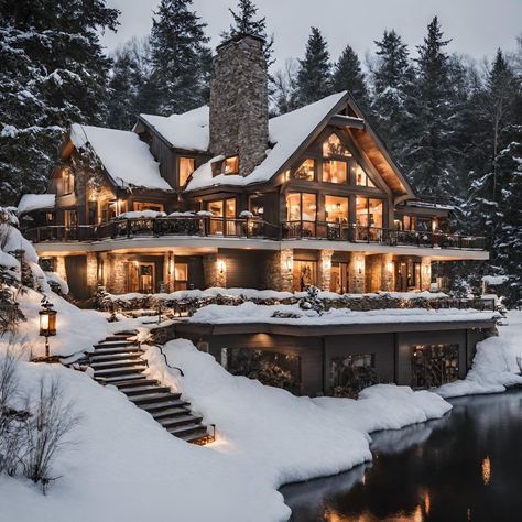 Wood Cabin Mansion, Ski Home Exterior, Winter Cabin Mansion, Fancy Cabin, House In Montana, Winter Lake House, Home Lake House, Lake House Design, Mountain Mansion