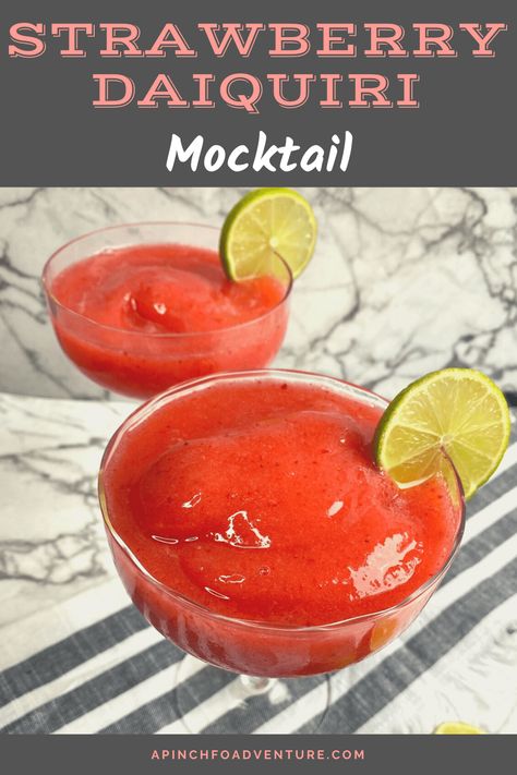 Strawberry Daiquiri Mocktail - A Pinch of Adventure Virgin Strawberry Daquiri Recipe, Strawberry Daiquiri Virgin, Non Alcoholic Strawberry Daiquiri, Strawberry Mocktail Recipe, Strawberry Daiquiri Recipe, Best Mocktails, Frozen Strawberry Daiquiri, Tea Drink Recipes, Simple Syrup Recipes