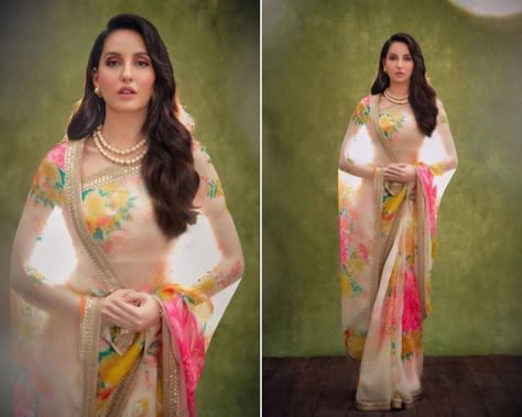 Sabyasachi Saree, Floral Organza Saree, Off White Saree, Trendy Bridesmaids, Sabyasachi Sarees, Indian Bridesmaids, Nora Fatehi, Floral Saree, Wedding Dress Outfit