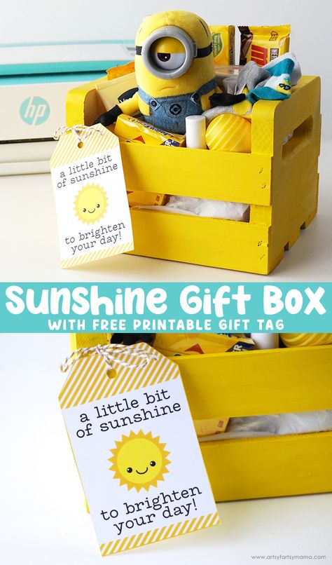 Sunshine Gift Box with Free Printable Gift Tag | artsy-fartsy mama Basket Of Sunshine, Bag Of Sunshine, Birthday Baskets, Sunshine Box, Student Birthday Gifts, Sunshine Printable, Photo Cube, Best Gift Baskets, Student Birthdays