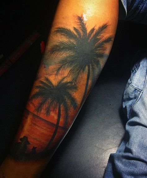 Beach Tattoos Ideas For Men On Legs Men Palm Tree Tattoo, Tropisches Tattoo, Berg Tattoo, Celtic Tattoos For Men, Tattoos Ideas For Men, Beach Tattoos, Tropical Tattoo, Tattoo Tree, Sunset Tattoos