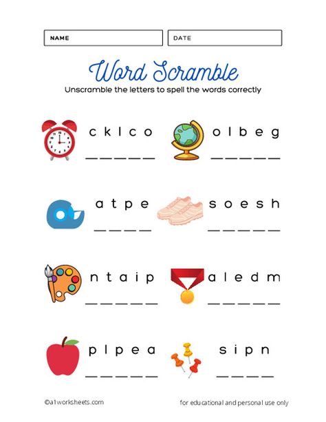 Kindergarten and Preschool Word Scramble Worksheet Word Work Worksheets, Sentence Formation, Word Jumble, Bean Stalk, Jumbled Words, Alphabet Handwriting Practice, Words Worksheet, Unscramble Words, Printable Alphabet Worksheets