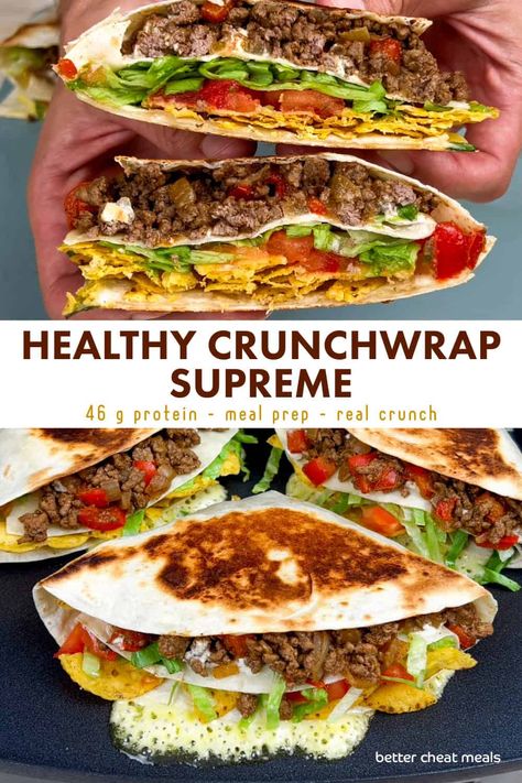 Craving a Crunchwrap Supreme without the guilt 👀? This homemade version is packed with flavor and protein, but light on fat and calories. Under 450 calorites and 46 g of protein 💪. Fresh ingredients, endless possibilities, perfect for meal prepping - try it tonight! #healthyrecipes #crunchwraplover Healthy Crunchwrap Recipes, Ground Turkey Crunchwrap, Protein Crunch Wrap, Low Carb Crunchwrap Supreme, Keto Crunchwrap Supreme, Healthy Crunchwrap, Crunchwrap Supreme, Gluten Free Wraps, Green Snacks