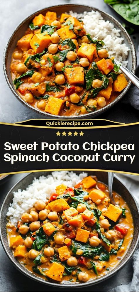 This sweet potato chickpea spinach coconut curry is a wholesome, flavorful vegan meal. It’s rich with coconut milk and spices for a comforting dinner. Ingredients: 2 sweet potatoes, cubed 1 can chickpeas 1 cup spinach 1 can coconut milk Chickpea Curry Coconut Milk, Chickpeas Spinach Recipe, Sweet Potato Coconut Curry, Sweet Potato Chickpea Curry, Chickpea And Spinach, Easy Chickpea Curry, Chickpea Spinach, Potato Chickpea, Coconut Curry Recipes