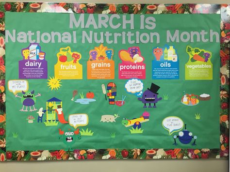 March board National Nutrition Month Bulletin Board, School Nurse Elementary, Dietitian Career, Cafeteria Bulletin Boards, Fcs Teacher, Nutrition Bulletin Boards, Physical Education Bulletin Boards, Nurse Bulletin Board, Health Bulletin Boards