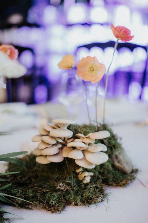 Poppies, mushrooms and moss table centerpieces Mushroom Theme Wedding, Mushroom Centerpiece Party Ideas, Mushroom Arrangement, Mushroom Centerpiece, Mushroom Wedding, Midsummer Party, Moss Table, Wildflower Centerpieces, Moss Wedding