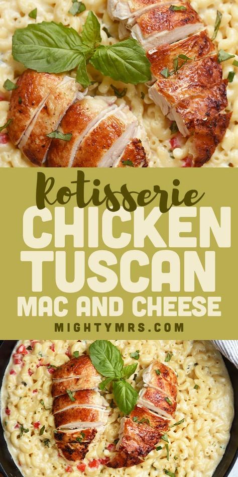 Easy Rotisserie Chicken Tuscan Mac and Cheese - A recipe that will remind you of Olive Garden yet you can make it at home in just 15 minutes! The creamy sauce is easy and tasty. Everyone who tries it says it's delish! A simple combination of flavors and short list of ingredients is all you need. This is a must try if you're looking for new easy weeknight dinner ideas. Makes a bunch so you'll get leftovers to bring to work too. #tuscanchicken #casserole #chickencasserole #rotisseriechicken Firehouse Meals, Chicken Tuscan, Firehouse Recipes, Pimento Peppers, Mac And Cheese Casserole, Dinner Planning, Pastas Recipes, Food Time, Easy Chicken Dinner Recipes