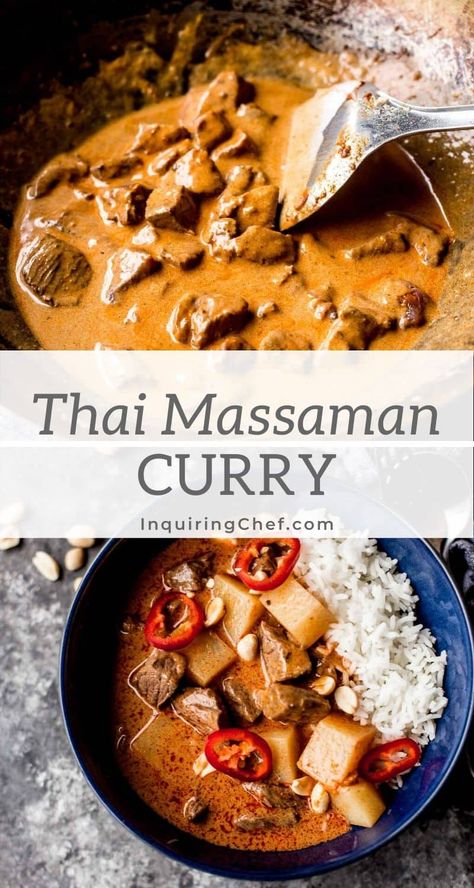 Thai Massaman Curry is mild, creamy, and totally addictive. This version is made with beef and topped with peanuts. #thaifood #thailand #beef #curry Thai Massaman Curry, Beef Massaman, Beef Massaman Curry, Massaman Curry Paste, Thai Recipes Authentic, Thai Beef, Massaman Curry, Indian Foods, Easy Potato Recipes