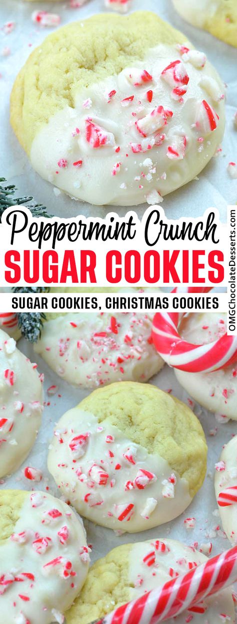 Peppermint Crunch Sugar Cookies are easy Christmas cookies that will make a festive addition to your holiday cookie plate. #christmas #cookies #sugar #cookies Chewy Christmas Cookies, Christmas Cookies Sugar, Christmas Confections, Peppermint Crunch, Easy Christmas Cookies, Peppermint Sugar Cookies, Cookie Exchange Recipes, Healthy Cookie, Christmas Recipes Easy