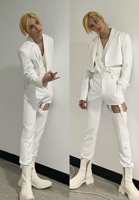 Kpop Outfits For Men, Popstar Outfits Ideas Men, Unique Suits For Men Fashion, Kpop Style Outfits Men, Mens Kpop Fashion, White Goth Outfit Men, White Outfits Male, Kpop Outfit Men, Hyunjin Style Outfit