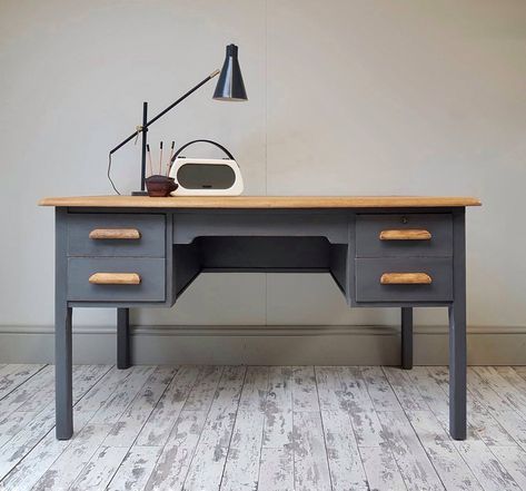 This industrial style desk was originally designed with clean lines and bevelled features, such as its top and original handles. This solid four drawer wooden piece has been transformed by being stripped back to its natural wood. #teachersdesk #upcycledfurniture #chalkpaintedfurniture Wooden Furniture Restoration, Desk Restoration Ideas, Grey Painted Desk, Paint Wooden Desk, Desk Revamp, Upcycle Desk, Refurbished Desk, Wood Desk Top, Industrial Style Desk