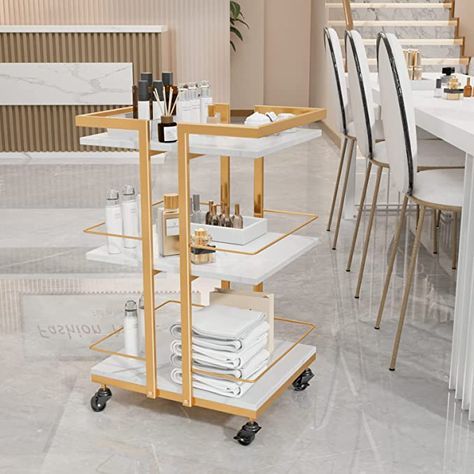 Salon Cart Trolley, Spa On Wheels, Spa Storage Ideas, White And Gold Esthetician Room, Salon Station Organization Ideas, Esthetician Room Storage Ideas, White And Gold Salon, Facial Trolley, Small Spa Room Ideas Estheticians