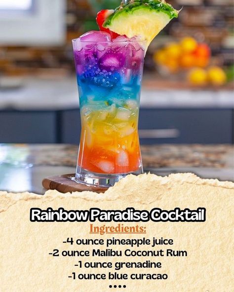 Rainbow Paradise Cocktail Recipe, Paradise Cocktail, Rainbow Cocktail, Malibu Coconut, Summer Drinks Alcohol, Cocktail Drinks Alcoholic, Yummy Alcoholic Drinks, Mixed Drinks Alcohol, Summertime Drinks