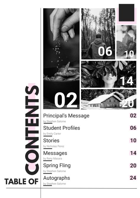 Cool Table Of Contents Layout Design, Graphic Design Contents Page, Photo And Text Graphic Design, Graphic Magazine Layout, Table Of Contents Design Magazine, Table Of Contents Magazine Design, List Of Contents Design, Cover Magazine Design Ideas, Poster Magazine Design