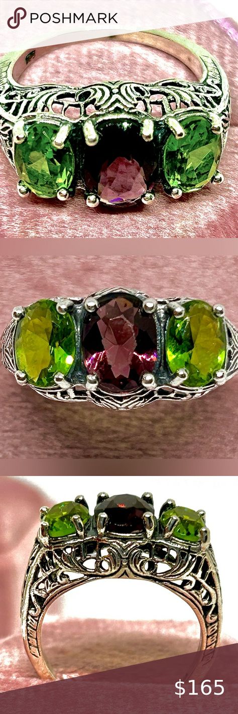 ANTIQUE FRENCH sz5.75 genuine Amethyst/PERIDOT Victorian FILIGREE 925 SS RING Victorian Filigree, Victorian Ring, Old Rings, Trilogy Ring, Antique Ring, Kay Jewelers, Victorian Rings, Antique Rings, French Antiques