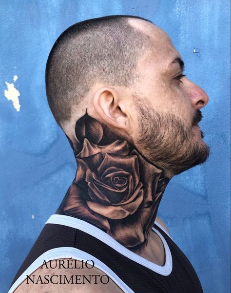 Jawline Tattoo Guys, Realism Neck Tattoo, Rose Throat Tattoo Men, Rose Neck Tattoo Men, Throat Tattoo Men Design, Small Throat Tattoo, Neck And Throat Tattoos Men, Religous Tattoo, Throat Tattoos