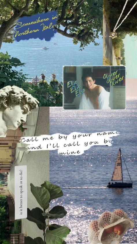 call me by your name collage poster elio oliver italy Name Collage, Somewhere In Northern Italy 1983, Your Name Wallpaper, Sketchbook Cover, Call Me By Your Name, Name Wallpaper, Collage Poster, Northern Italy, Aesthetic Collage