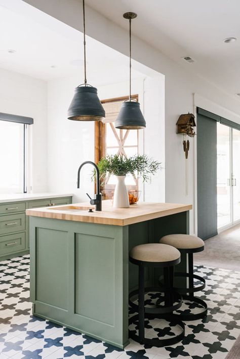 40+ Sage Green Kitchen Cabinets (with Paint Colors!) - Jenna Sue Design Modern Kitchen Flooring, Sage Green Kitchen, Green Kitchen Cabinets, Basement Kitchen, Green Cabinets, Kitchen Cabinet Colors, Basement Design, Green Kitchen, Black Kitchens