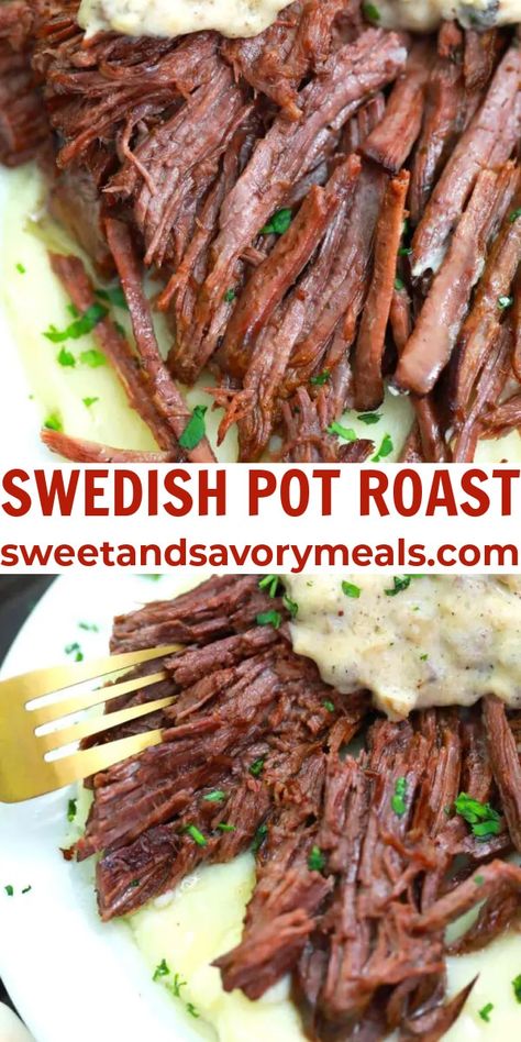 Swedish Pot Roast is oven-roasted until fork-tender before getting smothered in a creamy, buttery, and rich mushroom gravy. #potroast #swedishpotroast #potroastandgravy #sweetandsavorymeals #dinnerecipes December Recipes, Swedish Cuisine, Viking Food, Nordic Recipe, Swedish Food, Swedish Dishes, Norwegian Food, Scandinavian Food, Savory Meals