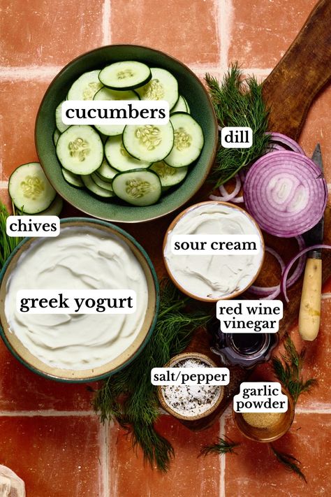 This creamy Greek Yogurt Cucumber Salad is a light and fresh summer salad full of crisp cucumbers, fresh herbs, and a tangy Greek yogurt dressing. It’s easy to make ahead and makes the perfect side dish for backyard BBQs or summer gatherings. Cucumber Salad Mediterranean, Cucumber Salad With Greek Yogurt, Greek Goddess Salad, Cucumber Salad Creamy, Greek Yogurt Cucumber Salad, Indian Cucumber Salad, Cucumber Yogurt Salad, Lunch Stuff, Glucose Goddess