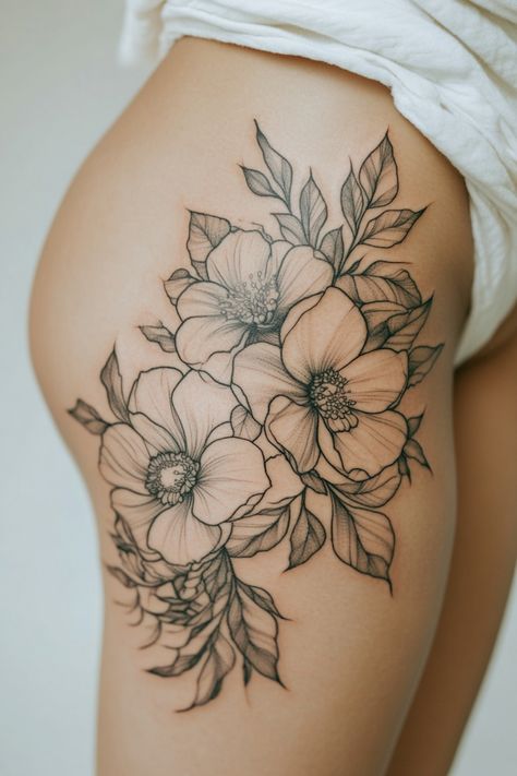 Detailed floral tattoo on a person's thigh featuring large flowers and leaves. Women’s Thigh Tattoos Big, Beautiful Thigh Tattoos, Small Thigh Tattoo, Tattoos Big, Thigh Tattoos For Women, Small Thigh Tattoos, Garter Tattoo, Thigh Tat, Thigh Tattoo Designs