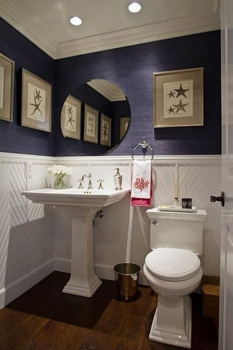 Wainscoting ideas - bead board applied to wall in chevron pattern from Maison Classique Bathroom Wainscoting, Traditional Powder Room, Half Bathroom Decor, Very Small Bathroom, Wainscoting Bathroom, Wainscoting Styles, Christmas House Lights, Pool Bath, Revere Pewter