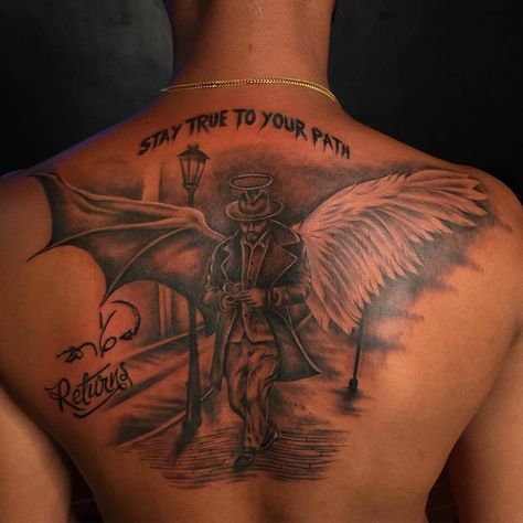 Good Side Bad Side Tattoo, Typographic Tattoo, Blessed Tattoos, Black Men Tattoos, Skateboard Photos, Chain Tattoo, Family Tattoo Designs, Devil Tattoo, Back Of Neck Tattoo