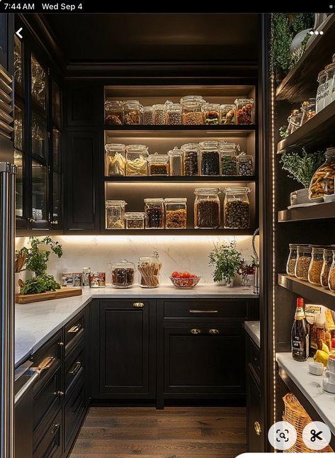 Minimalist Wall Design, Create A Pantry, Luxury Pantry, Kitchen Pantry Design Ideas, Black Pantry, Pantry Design Ideas, Modern Classic Kitchen, Pantry Interior, Vintage Pantry