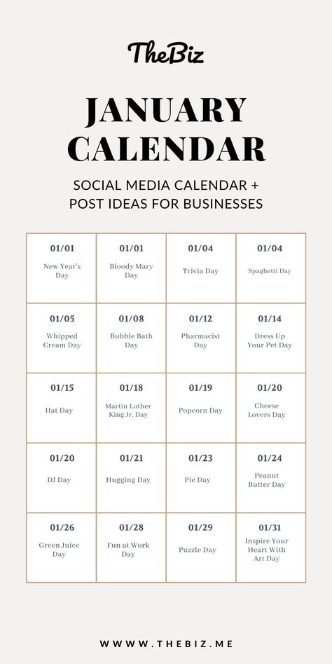 Looking for the perfect January Social Media Calendar for your business? Then check out this post where we have created the January content calendar and gave you post ideas and examples from actual businesses. Learn to use January's holidays and days of observance to grow your business and your social media presence! Check out this and other digital marketing and social media tips and tricks on our website! And don't forget to download our free templates! #SocialMedia #SocialMediaCalendar January Social Media Calendar, January Marketing Ideas, January Content Calendar, January Instagram Ideas, January Real Estate Posts, January Social Media Ideas, January Content Ideas, January Instagram Post Ideas, Content Calendar Small Businesses