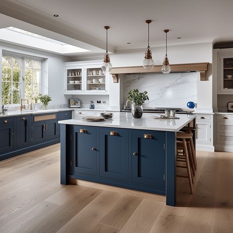 Chic and Timeless: 30 White and Navy Kitchen Ideas Kitchen White Blue Cabinets, White Cabinets Navy Blue Island, Navy And Cream Kitchen Cabinets, Kitchen With Navy Accents, Navy Blue Kitchen Accessories, White Oak And Blue Kitchen, Kitchen Navy And White, Oak And Blue Kitchen, Kitchen Ideas Navy